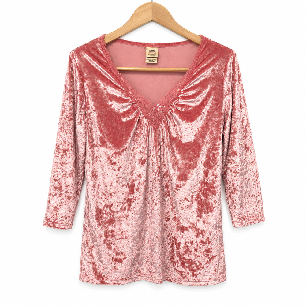 Vintage Faded Glory Top Womens Size Large Pink Crushed Velvet Lace Fairycore